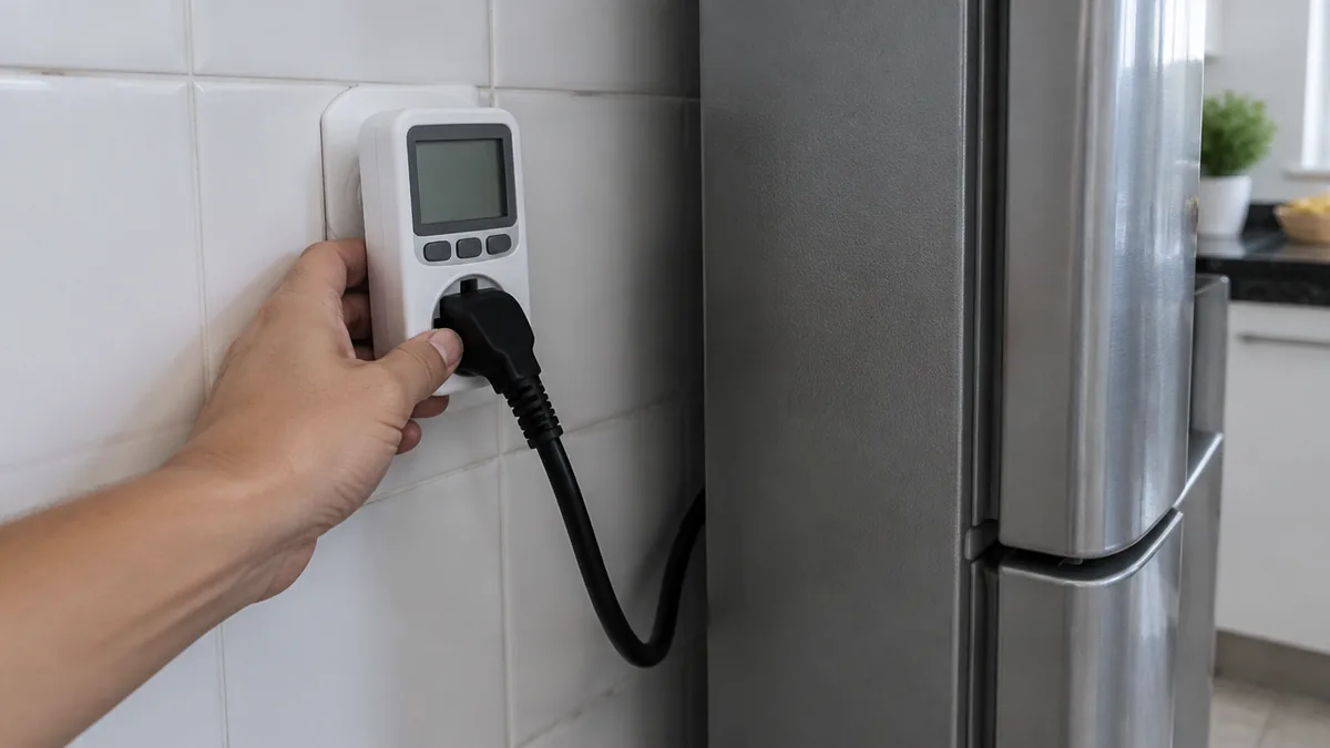 Medidor de consumo de tomada ligado entre a geladeira e a parede