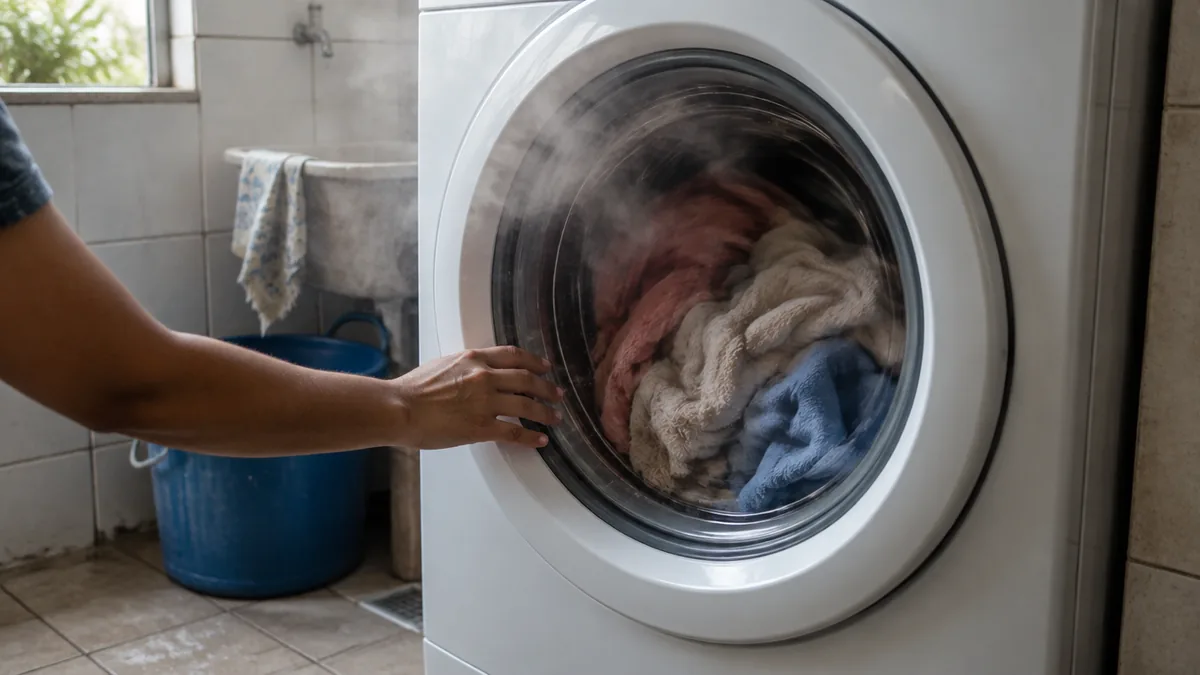 Secadora de roupas em funcionamento com roupas girando atrás do vidro