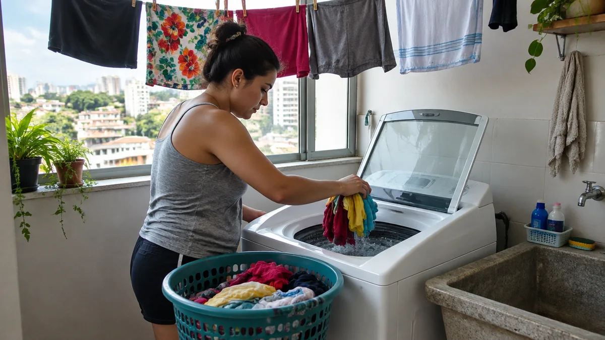 Mulher colocando roupas em máquina de lavar na área de serviço