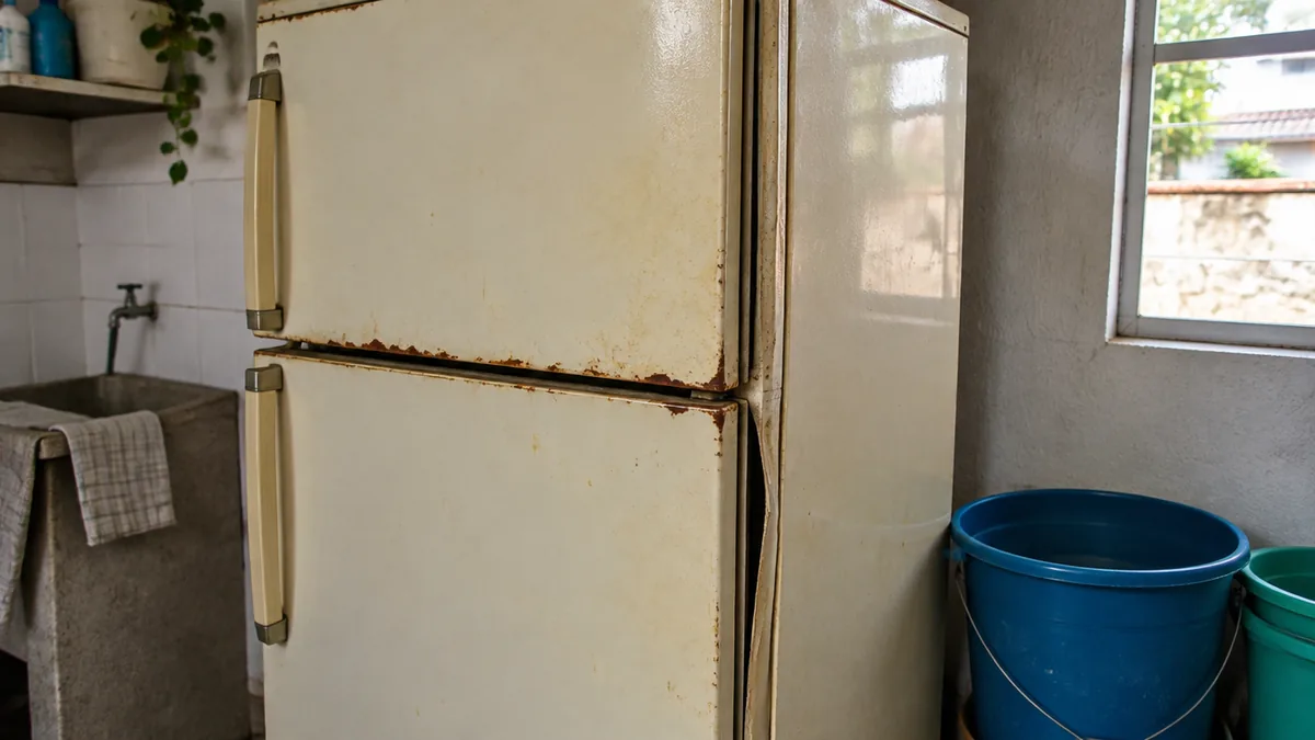 Geladeira antiga enferrujada com borracha da porta gasta na área de serviço