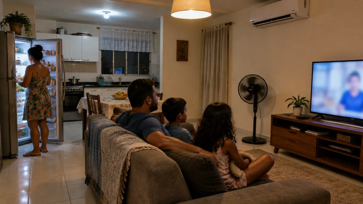 Família de quatro pessoas em sala e cozinha com eletrodomésticos ligados