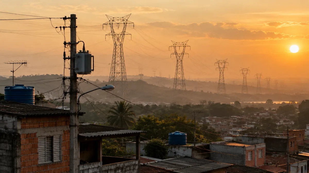 Torres de transmissão sobre telhados de bairro popular ao fim da tarde