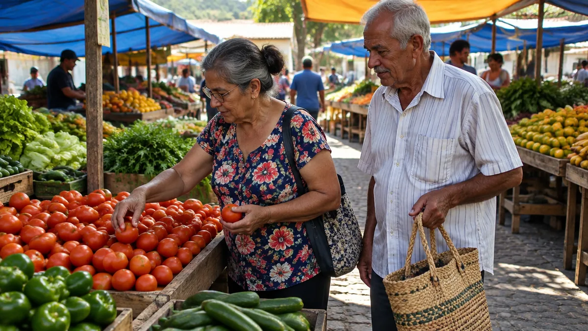 Casal aposentado faz compras na feira livre do bairro