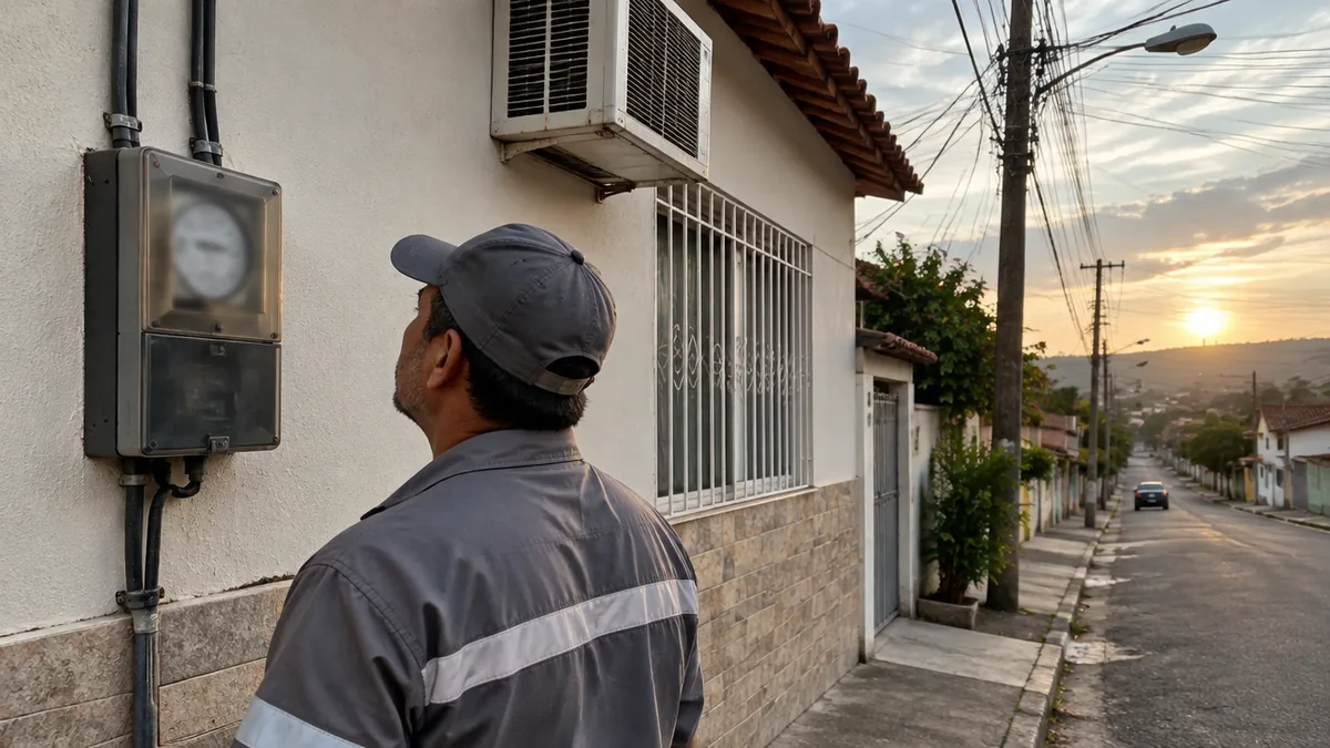 Homem observando o medidor de luz na parede externa da casa