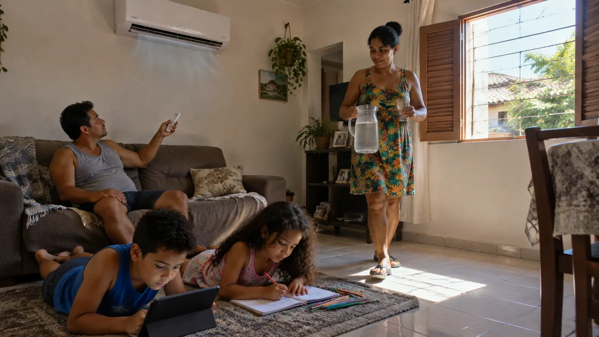 Família de quatro pessoas em sala com ar-condicionado ligado no calor