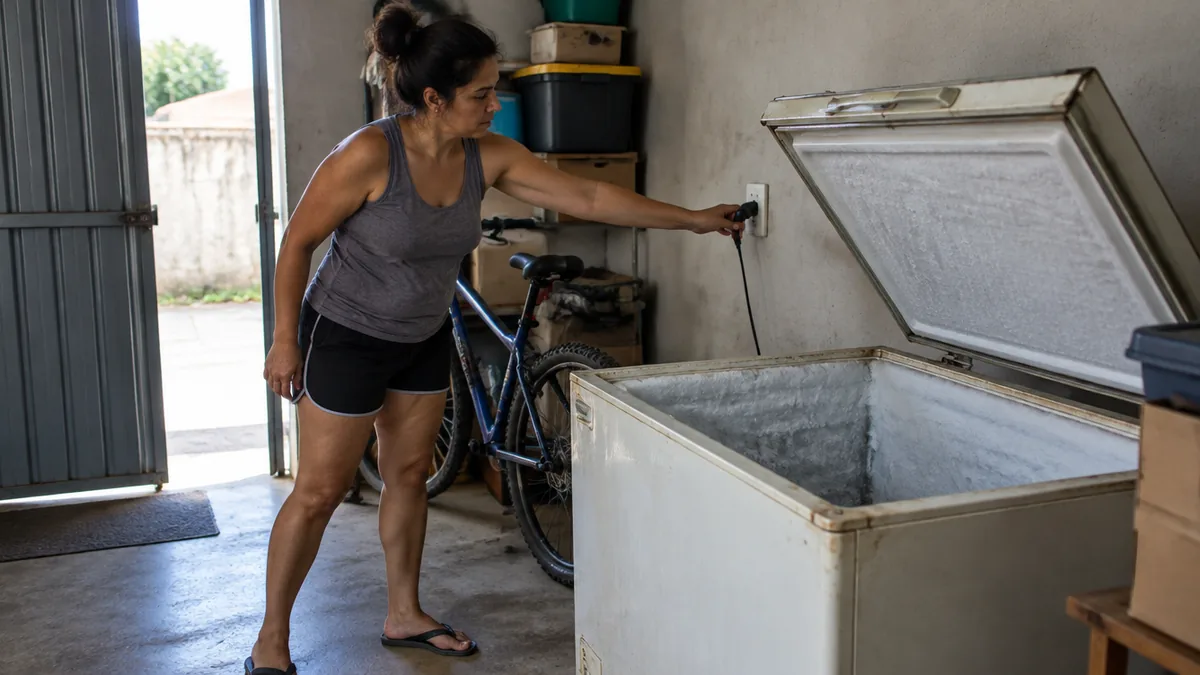 Mulher desliga da tomada o freezer velho e vazio na garagem