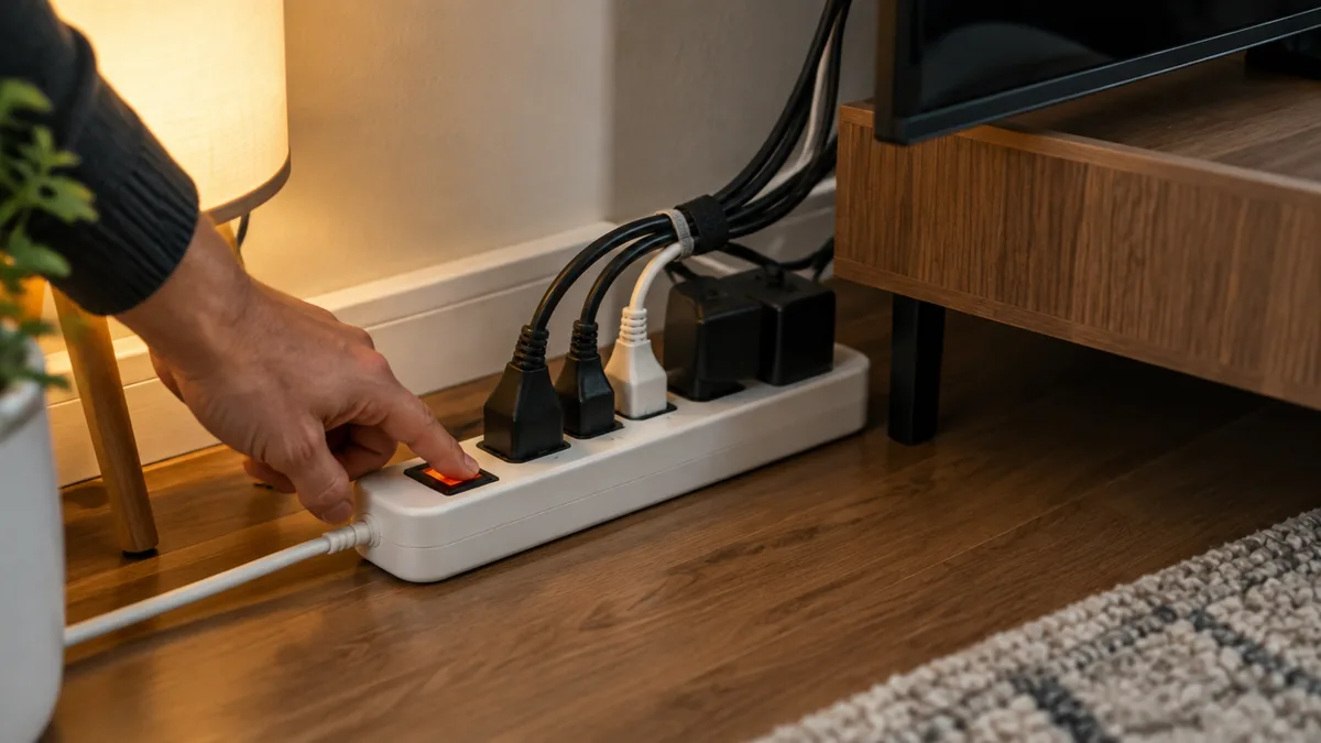 Mão desligando o interruptor de uma régua de tomadas atrás da TV