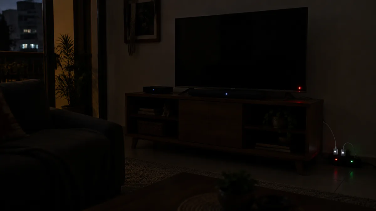 Sala escura com luzinhas de standby acesas na TV e nos aparelhos