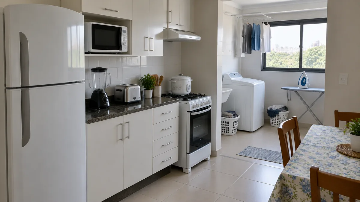 Cozinha e área de serviço com geladeira, micro-ondas, máquina de lavar e ferro