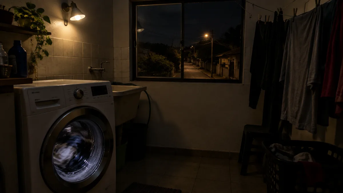 Máquina de lavar funcionando de madrugada em área de serviço