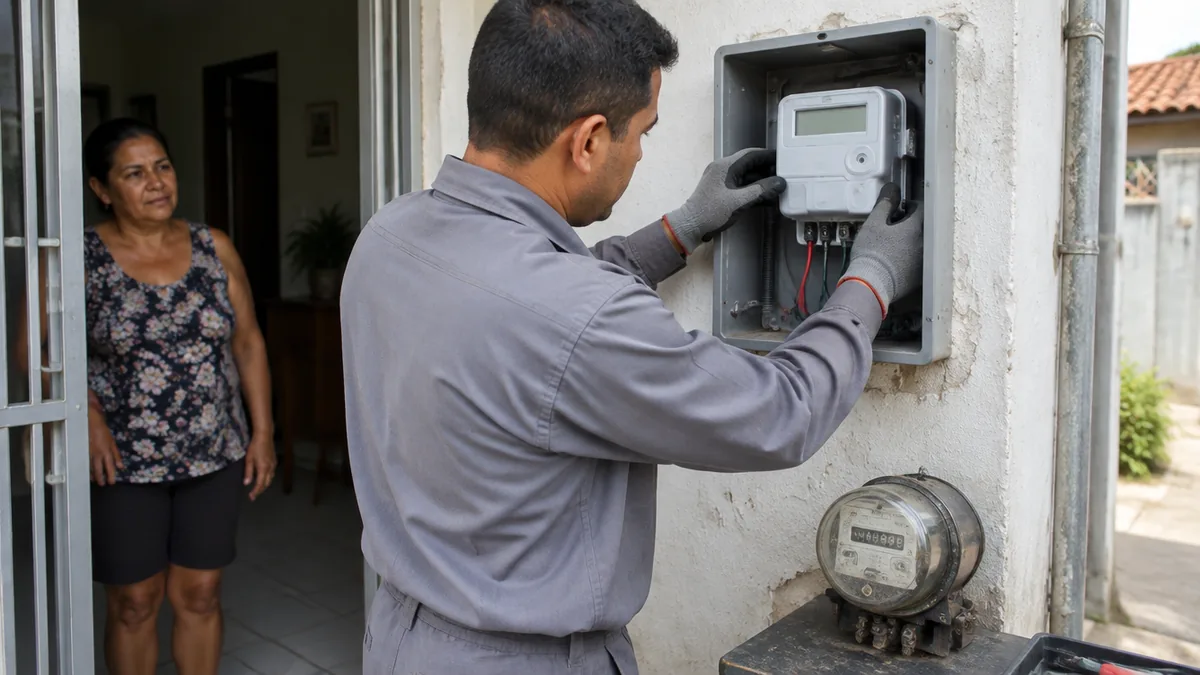 Técnico instala medidor eletrônico novo no lugar do antigo