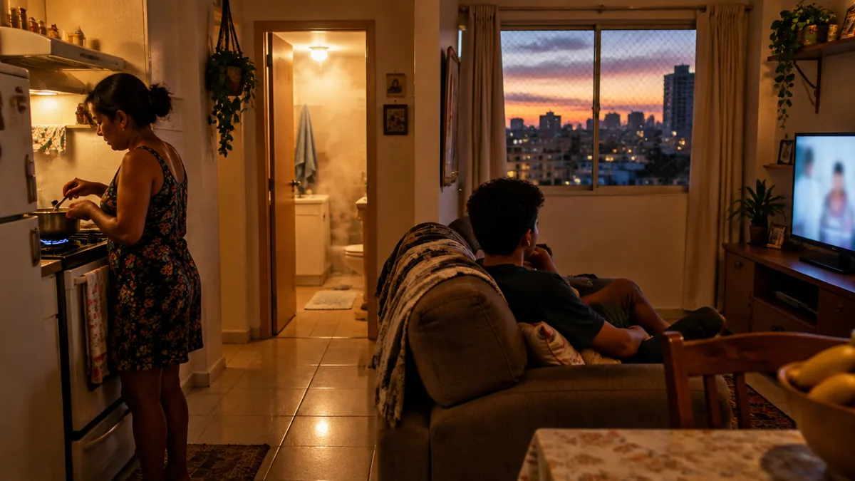 Família em apartamento com luzes, TV e chuveiro ligados no início da noite