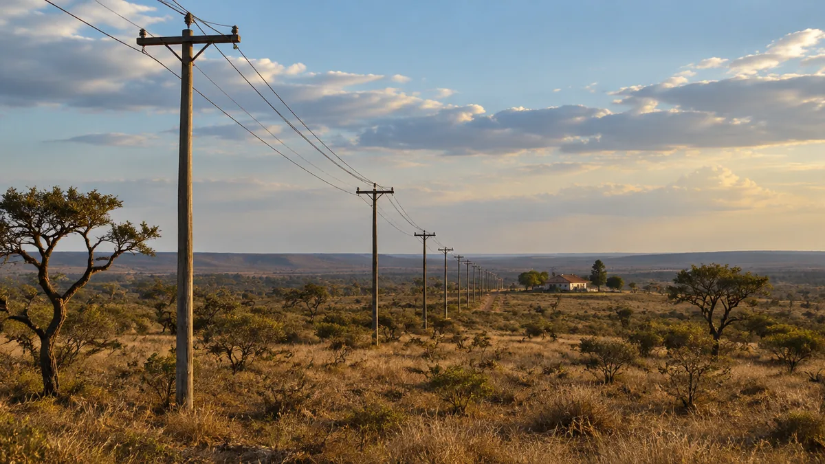 Linha de distribuição rural atravessa o Cerrado até uma casa isolada