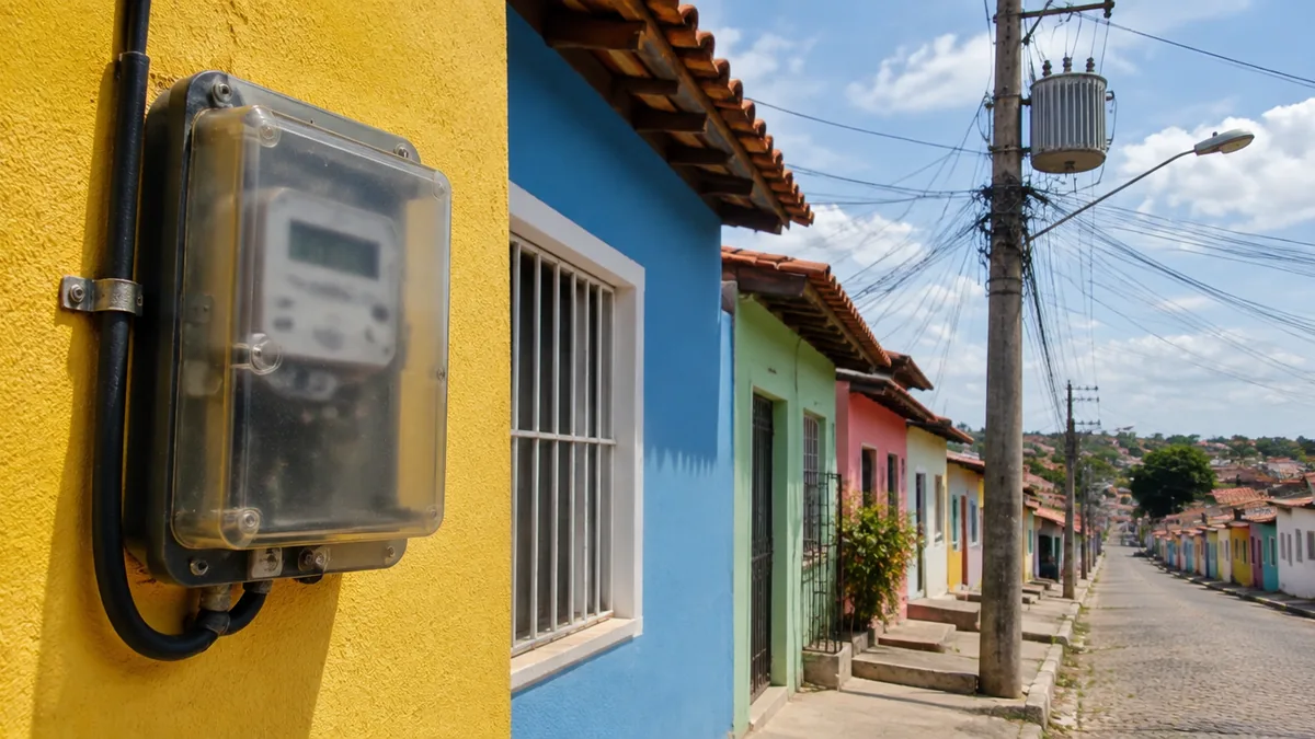 Medidor de luz em muro colorido com rua de casas e poste ao fundo